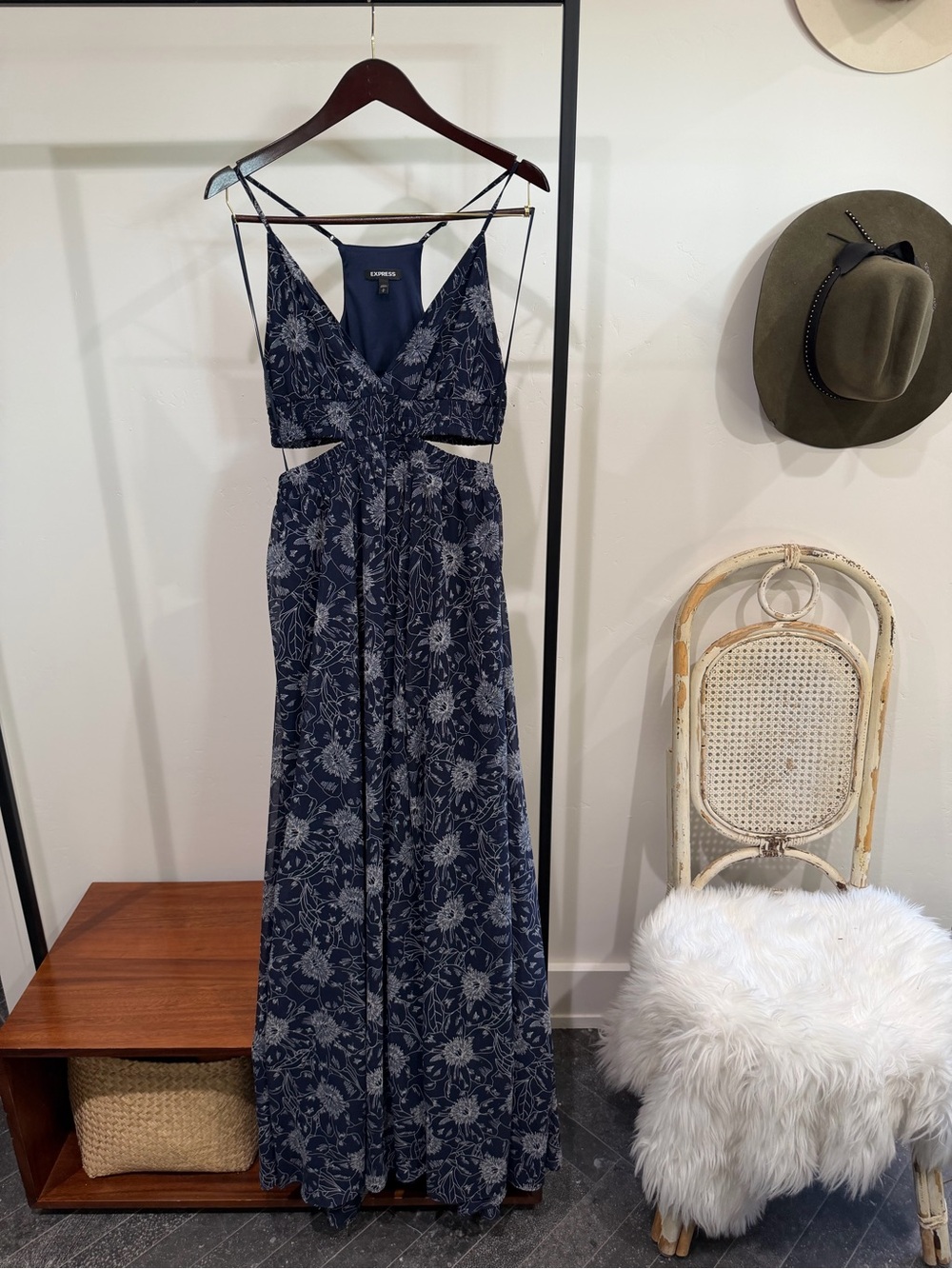 Express Navy Floral Cutout Maxi with V-Neck